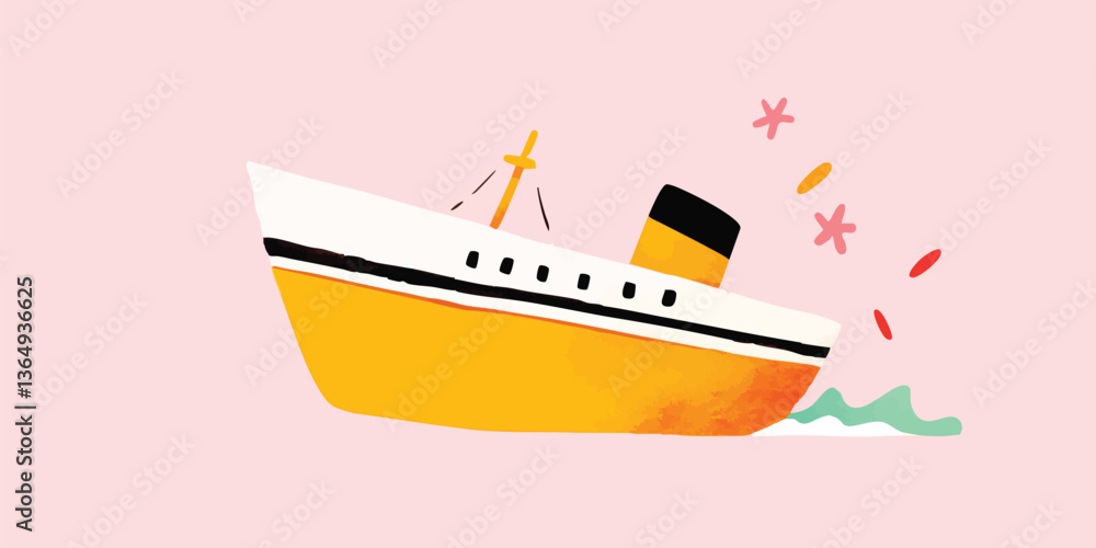 Obraz premium A whimsical illustration of a yellow cruise ship with a white cabin cutting across a gentle pink backdrop. The artwork captures a sense of voyage and leisure.