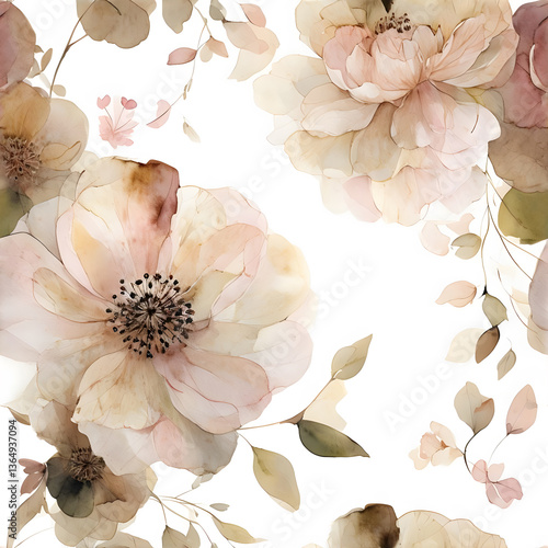 Seamless Watercolor Floral Pattern With Ethereal Large Flowers
