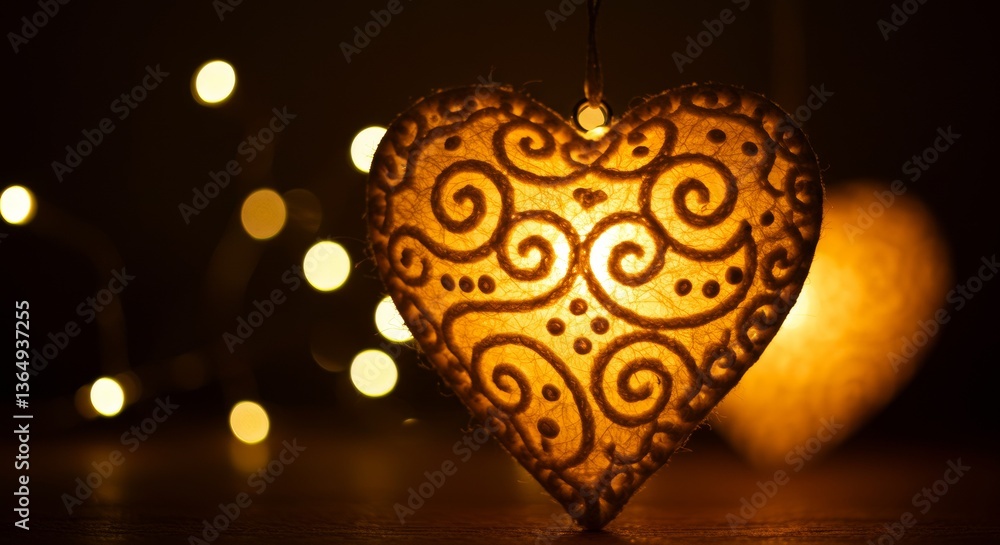 Illuminated Heart Ornament with Intricate Design Romantic Bokeh Lights Background Illuminated Heart Ornament with Intricate Design Romantic Bokeh Lights Background