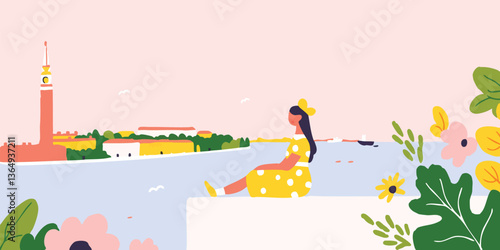 A tranquil illustration depicts a young woman in a yellow dress, taking a moment to admire the cityscape in a relaxed atmosphere, with a touch of the art style.