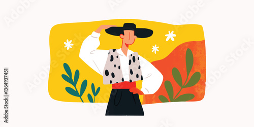 A cultural illustration showcases a person dressed in traditional attire, with an abstract backdrop hinting at the warmth of cultural pride.