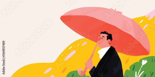 A thoughtful gentleman stands beneath a coral umbrella, shielding himself from the elements, framed against a backdrop of abstracted landscape and gentle hues.