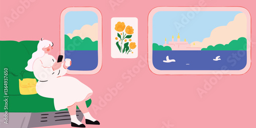 An illustrated woman, engrossed in her phone and beverage while gazing at a picturesque scenery through a train window, symbolizing travel, leisure and personal reflection.