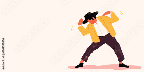 A vibrant illustration captures a man in stylish attire dancing energetically with animated motion lines. The person's pose radiates exuberance, perfectly embodying joy and movement. 