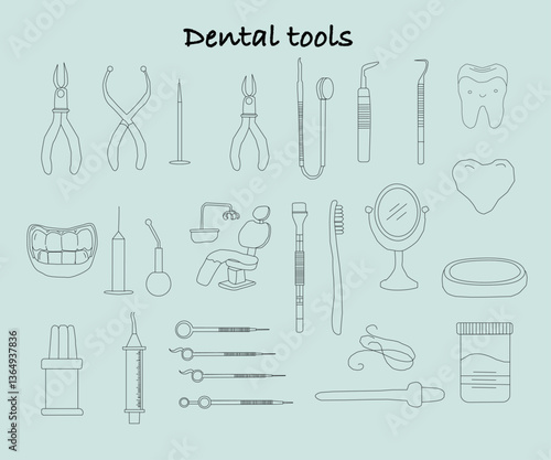 Dental tools. Dental care. Seamless Pattern with Dental Icons. Vector set of design templates and elements for Dental. Seamless patterns with linear icons related to Dental.