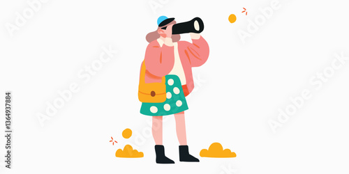 A female explorer peers through a telescope. a playful scene featuring a woman using a telescope for exploration.