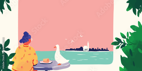 A serene scene of contemplation where an individual, immersed in their thoughts, gazes out at a picturesque waterside landscape. This vibrant illustration captures the essence of peaceful solitude.