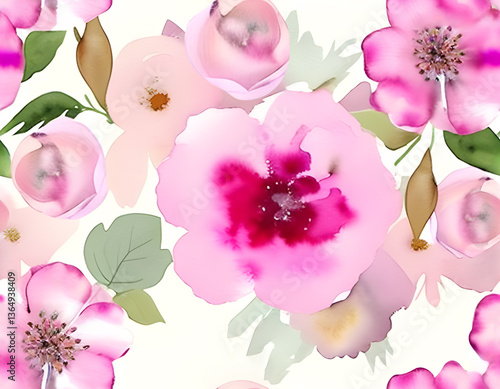 Seamless pattern with watercolor flowers . Floral Textile Design. Pink flowers on a beige background