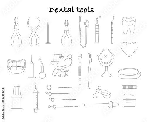 Dental tools. Dental care. Seamless Pattern with Dental Icons. Vector set of design templates and elements for Dental. Seamless patterns with linear icons related to Dental.