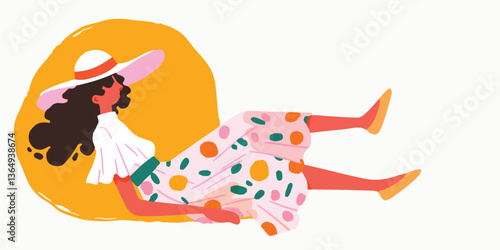 A stylish woman with a sunhat enjoying a leisurely moment, radiating relaxation and tranquility. Illustrated in a vivid and inviting style.