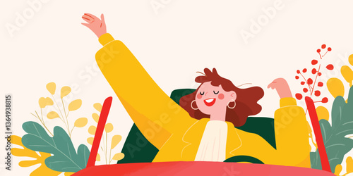 A joyful woman experiences a vibrant open-air car ride, her outstretched arm embracing the elements amidst a backdrop of playful floral motifs. Capturing a carefree and enthusiastic adventure.
