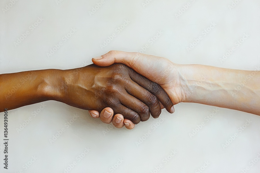 Fototapeta premium Two hands of different skin tones clasped together, symbolizing unity and equality.