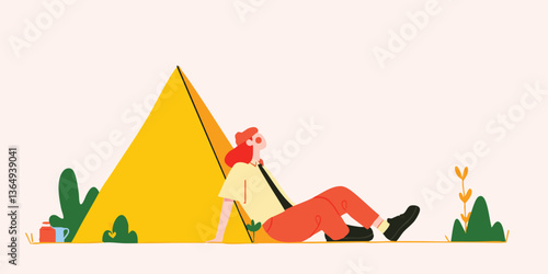A stylish person taking a rest beside a geometric mountain illustration, taking a peaceful moment in the open air. 
