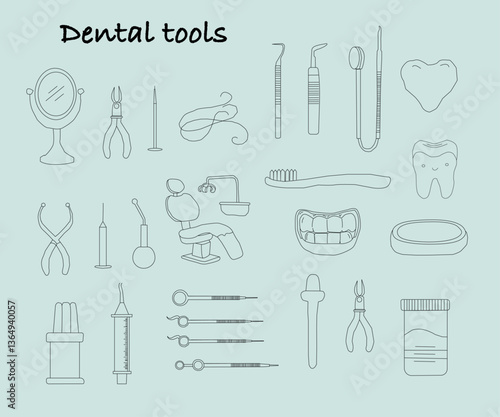 Dental tools. Dental care. Seamless Pattern with Dental Icons. Vector set of design templates and elements for Dental. Seamless patterns with linear icons related to Dental.