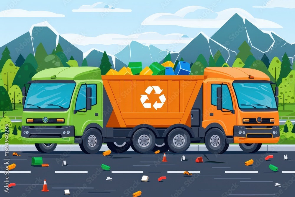 Naklejka premium Two colorful garbage trucks collect recyclables amidst a mountain backdrop, highlighting themes of waste management and environmental care.