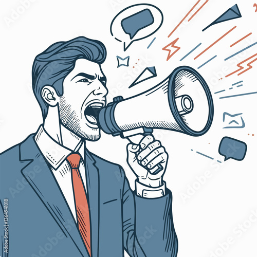 Megaphone Announcement: A dynamic illustration of a person shouting into a megaphone, capturing the essence of communication and announcement. This image could be used for marketing, advertising.