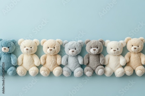 Row of Soft Plush Teddy Bears in Pastel Colors on Light Blue Background with Copy Space