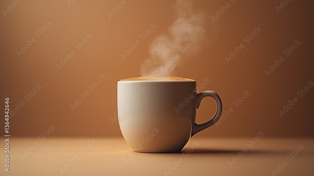 A surreal and calming atmosphere perfect for advertising is created by a steaming white coffee mug levitating against a minimalist cream background. A surreal and calming atmosphere perfect for advertising is created by a steaming white coffee mug levitating against a minimalist cream background.