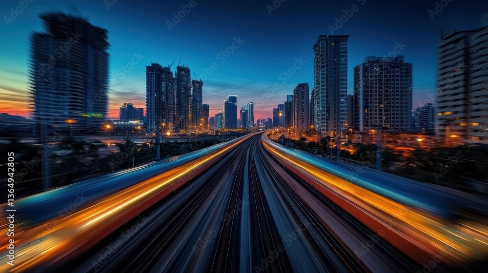 Fototapeta premium Elevated train tracks through city at dusk