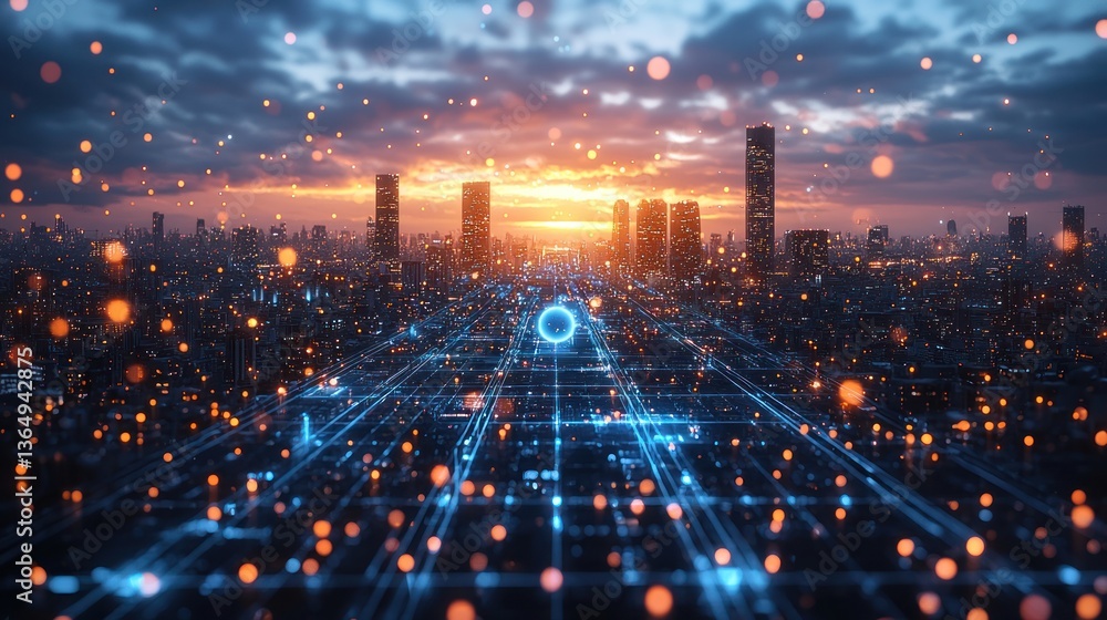 Obraz premium Futuristic city skyline at sunset with digital network