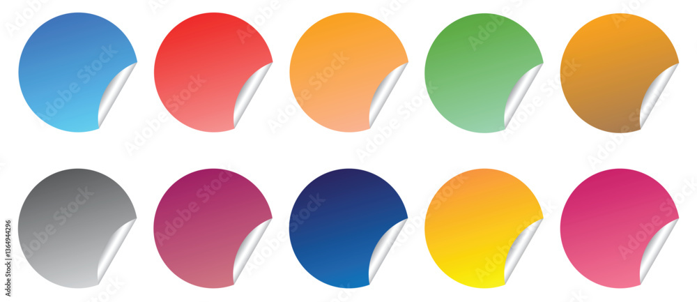 Adhesive paper stickers circle with rounded edges adhesive, color round stickers with peeling corner, isolated rounded plastic mockup, set round paper curved corner Adhesive paper stickers circle with rounded edges adhesive, color round stickers with peeling corner, isolated rounded plastic mockup, set round paper curved corner