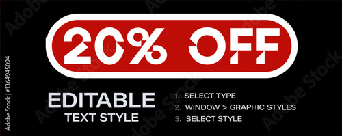 Editable text effect with 20 percent off. Graphic style for Adobe Illustrator, applies to any text, perfect for ads, titles, banners. Vector illustration