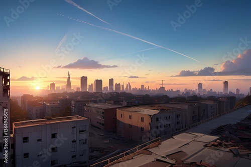 ゲーム背景　夕暮れのビルの壊れた屋上から眺める都市の風景