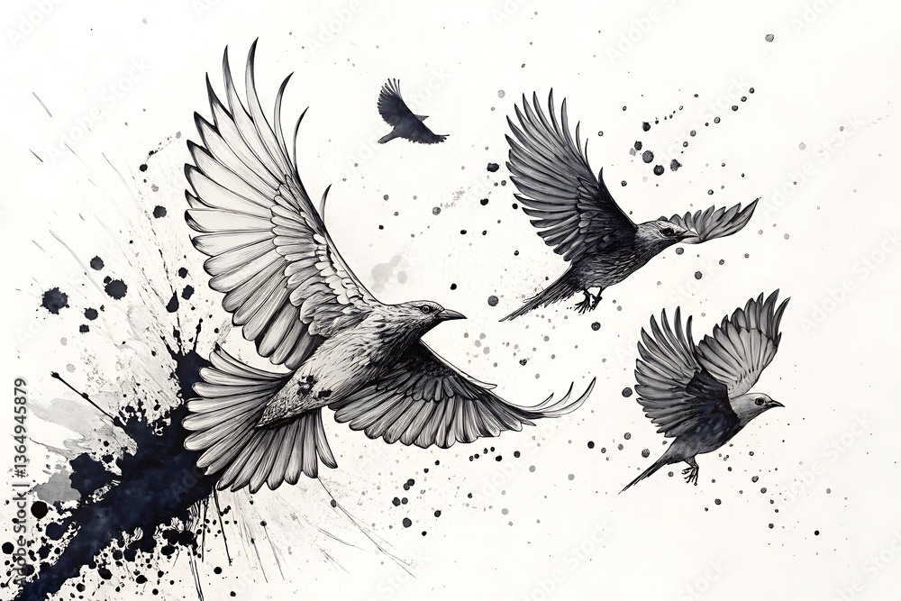Obraz premium Monochromatic Bird Flight Artwork with Abstract Ink Splatters and Dynamic Movement