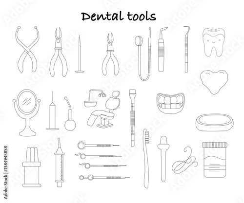 Dental tools. Dental care. Seamless Pattern with Dental Icons. Vector set of design templates and elements for Dental. Seamless patterns with linear icons related to Dental.