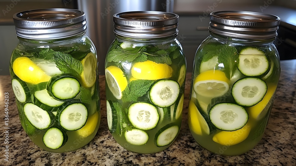 Refreshment in Jars: Three glass jars are filled with a refreshing concoction of sliced cucumber, lemons, and fresh mint leaves. Refreshment in Jars: Three glass jars are filled with a refreshing concoction of sliced cucumber, lemons, and fresh mint leaves.