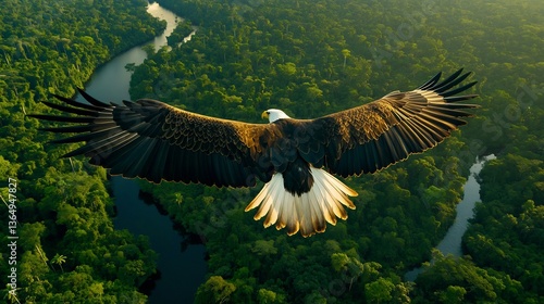  An eagle soaring high above the Amazon rainforest, looking down on the endless sea of green as rivers snake through the jungle below. 