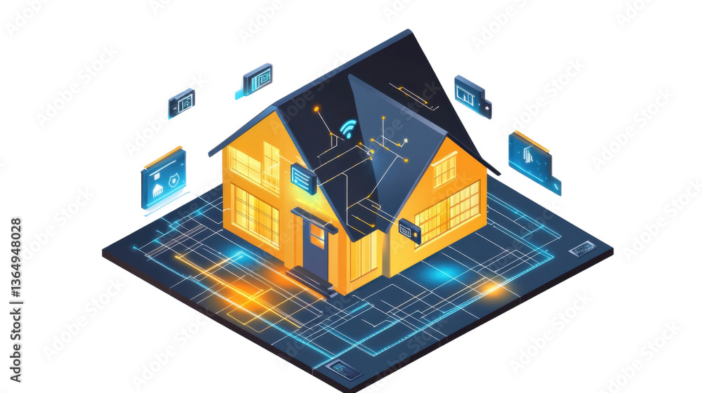 Obraz premium Smart Home Illustration: An illustration of a smart home showcases the integration of technology in a modern residence, highlighting automation, connectivity, and innovative design.