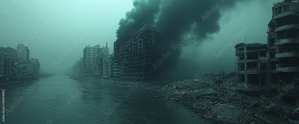 Fototapeta premium War-torn city shrouded in smoke