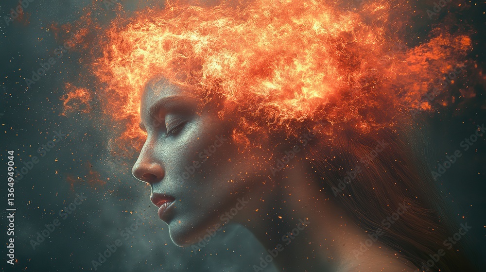 A surreal portrait shows a woman with closed eyes and an exploding head, symbolizing burnout, stress, mental health issues, and information overload. A surreal portrait shows a woman with closed eyes and an exploding head, symbolizing burnout, stress, mental health issues, and information overload.