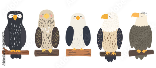 Clip art hand drawn vector illustration of four different cute funny eagles in a playful cartoon style, isolated on white background