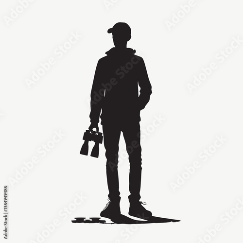 Silhouette of Person with Binoculars Minimalistic Black and White Vector Art