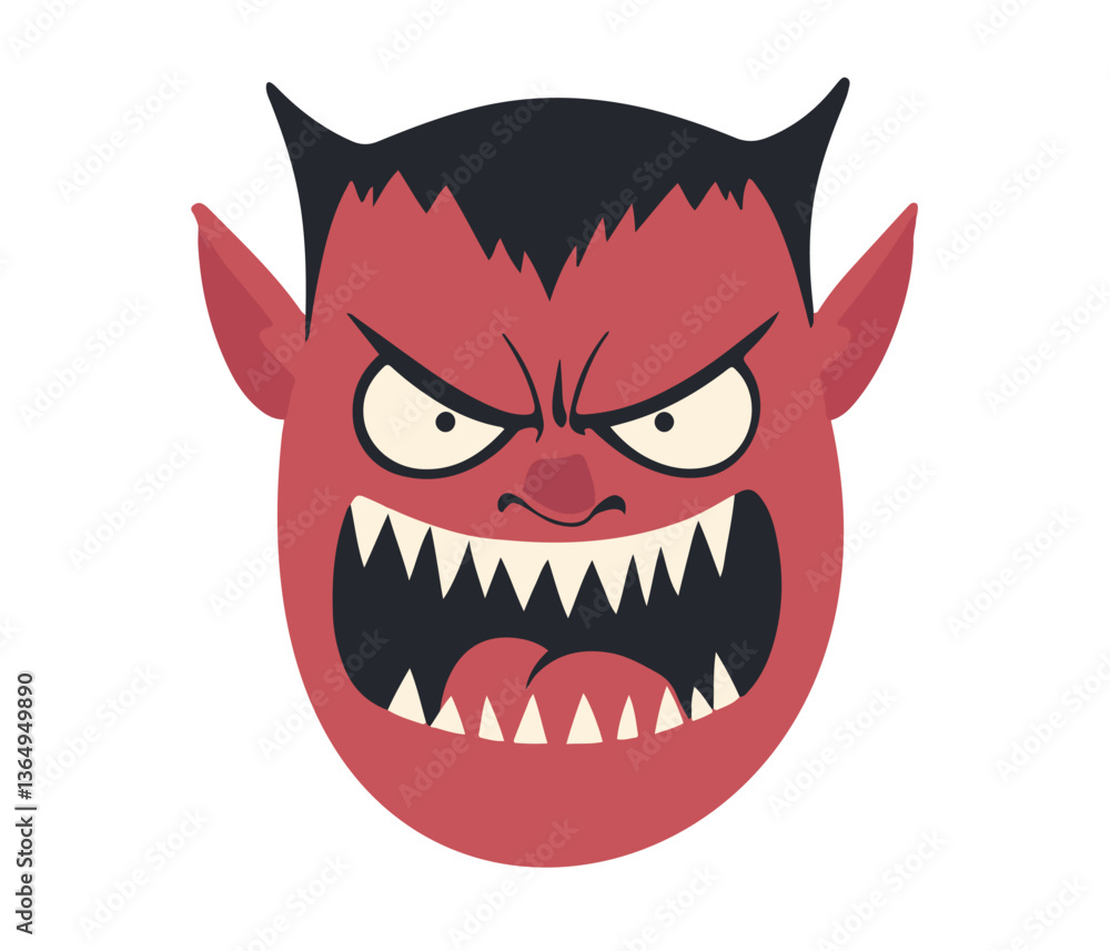 Clip art hand drawn vector illustration of an angry devil or demon face with horns, sharp teeth, and menacing expression, isolated on white background. Clip art hand drawn vector illustration of an angry devil or demon face with horns, sharp teeth, and menacing expression, isolated on white background.
