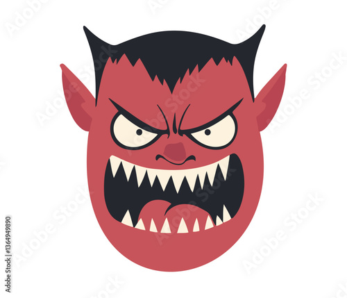 Clip art hand drawn vector illustration of an angry devil or demon face with horns, sharp teeth, and menacing expression, isolated on white background.