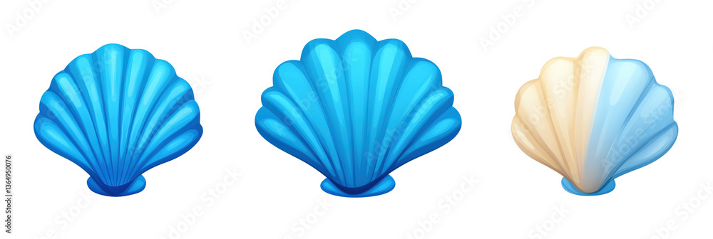 Obraz premium Colorful seashells in blue and cream shades, three distinct designs showcasing smooth textures and elegant curves., isolated on transparent background, png