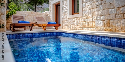 A high-end Greek island hotel featuring a pool and sun loungers for ultimate relaxation