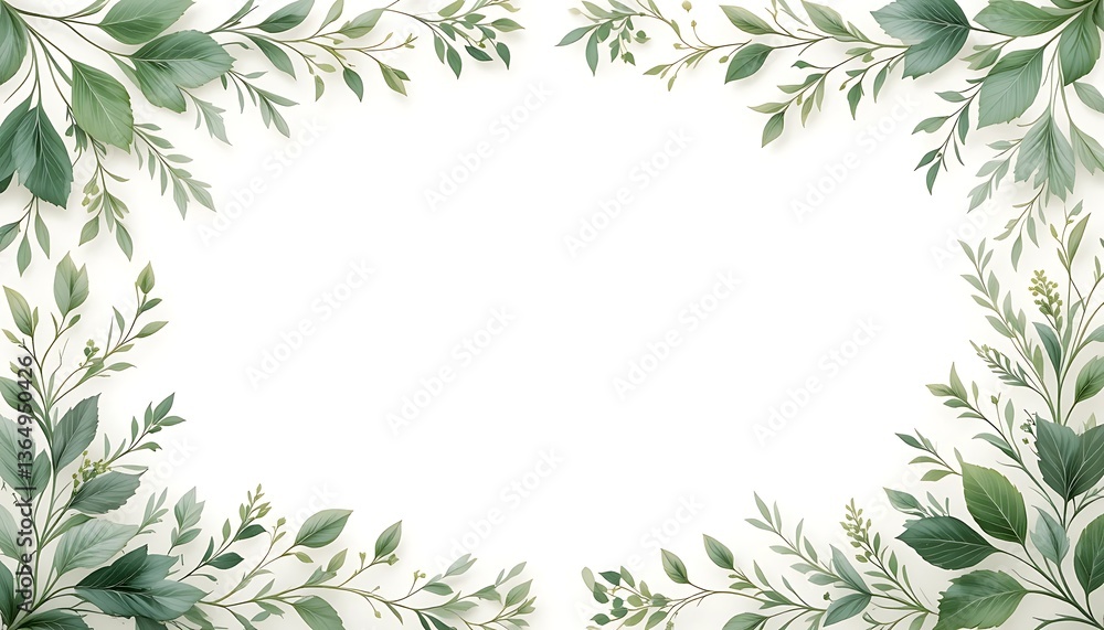 Elegant Green Leaf Frame for Invitations and Cards with White Background Elegant Green Leaf Frame for Invitations and Cards with White Background