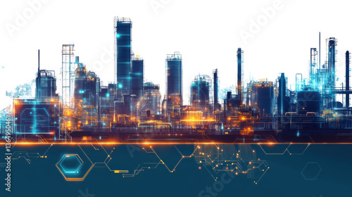Industrial Energy Metropolis: An eye-level perspective of an industrial energy complex at twilight, showcasing the intricate network of an energy plant infrastructure.