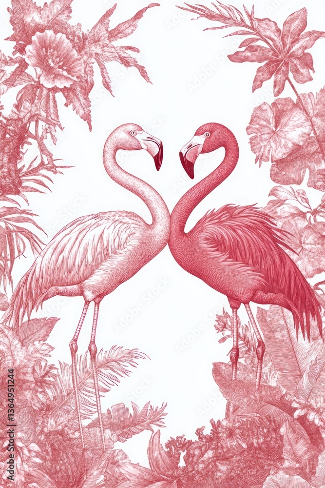 Obraz premium Two elegant flamingos with necks forming a heart surrounded by foliage