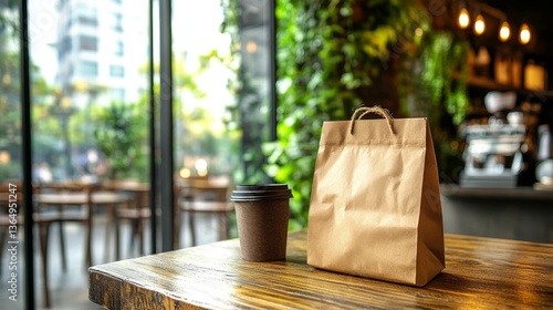A basic beige bag rests on a wooden table, accompanied by a coffee grinder and a disposable coffee cup, with plants in the background. Concept: Beige Bag Aesthetics, Coffee Accessories, Natural