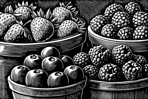 Berries healthy fruit food illustration black and white hand drawn sketch outline
