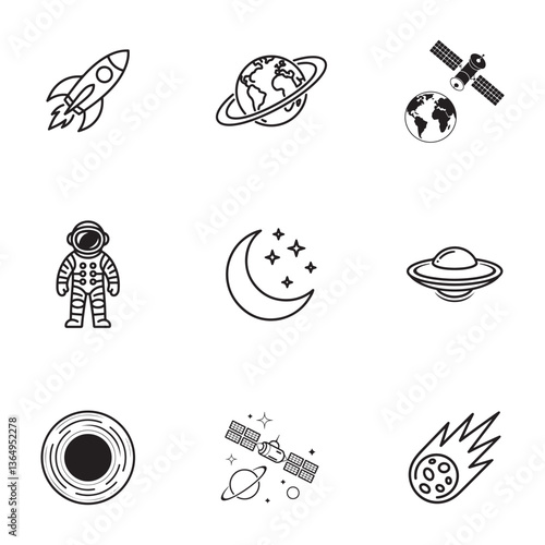 Space Exploration and Astronomy Icons set. Collection of Simple Black Line Art Space Icons. In black on a white background
