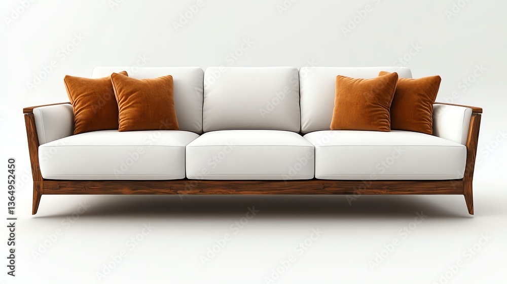 Naklejka premium Elegant White Sofa with Wood Frame and Decorative Pillows for Living Room
