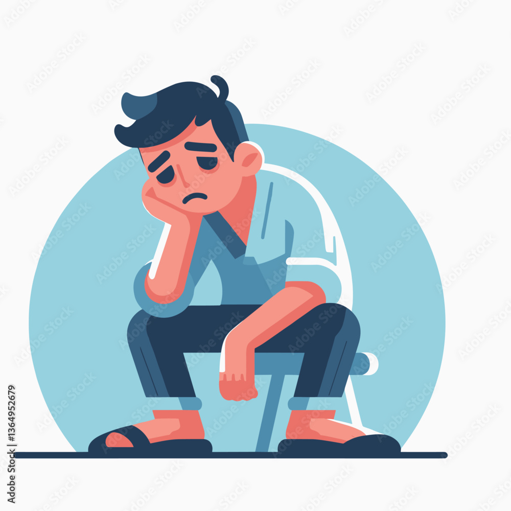 Flat Illustration of a Tired and Pensive Man Sitting with Hand on Face Flat Illustration of a Tired and Pensive Man Sitting with Hand on Face