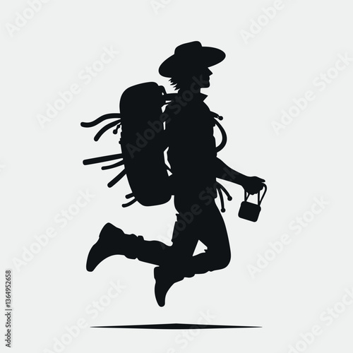 Adventurous Traveler Silhouette Exploring Journeys in Vintage Style - Flat Illustration