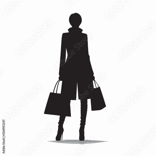 Fashionable Shopping Silhouette Stylish Woman with Bags in Black and White